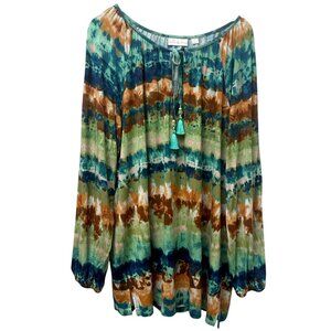 Belle Kim Gravel Peasant Top Plus Size 1X Womens Stretch Green Tie Dye Tassels